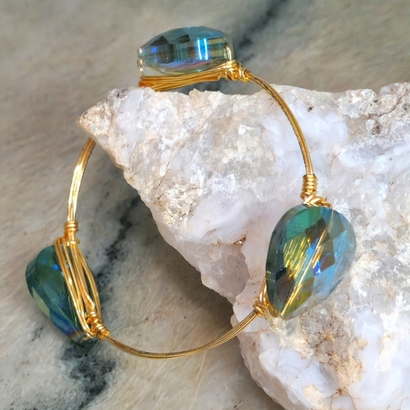 Golden Aurora Wire-Wrapped Bangle with Iridescent Faceted Crystals - Picture 1 of 6